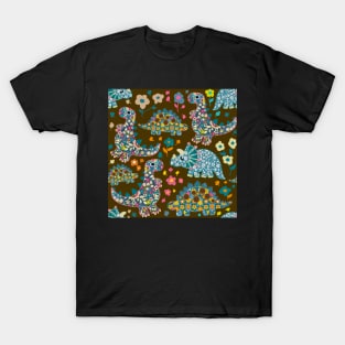 Vintage floral fabric dinosaurs with daisies on brown background T-Shirt